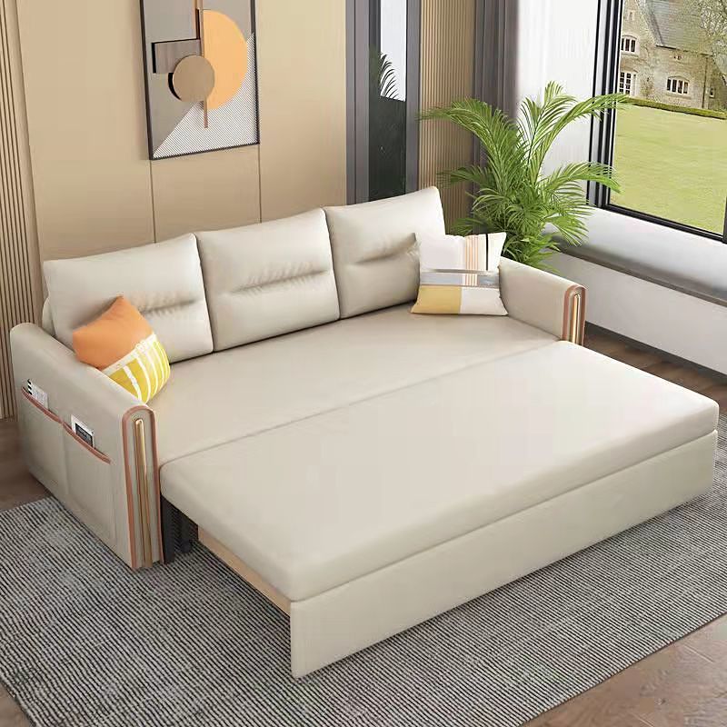 Beige 31.49" Wide Sofa Bed Glam Faux leather Sleeper Sofa with Pillow Included