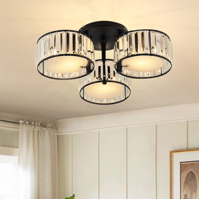 3/5/6 Lights Living Room Ceiling Light Fixture Modern Black Flush Mount with Drum Crystal Shade