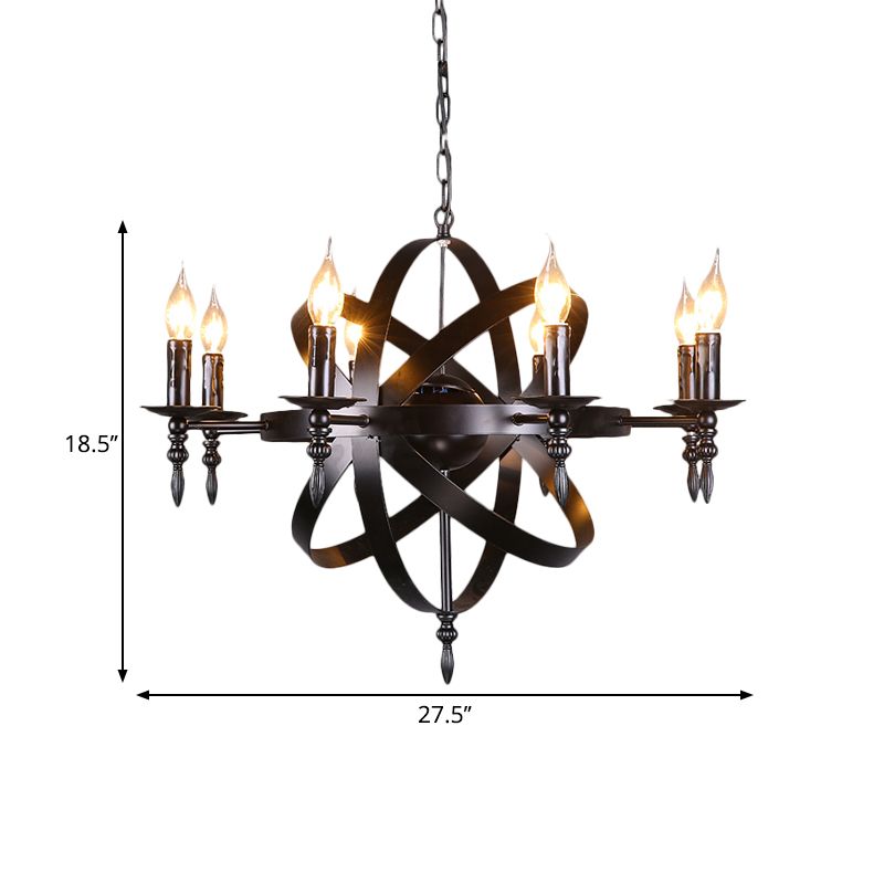 Candle Metallic Chandelier Light Fixture with Spherical Cage Shade Vintage 6/8 Heads Restaurant Ceiling Light in Black/Rust