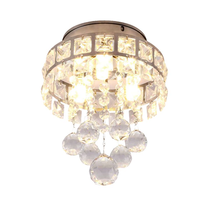 Silver 3 Lights Flush Mount Lamp Modernism Clear Crystal Ball Circular Close to Ceiling Lighting