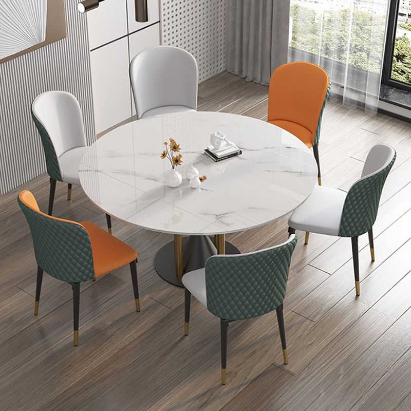 Round Dining Table with Leaf Extension Modern Stone White Top Pedestal Table