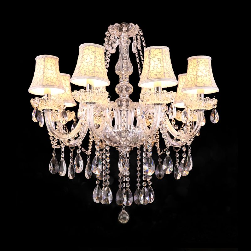 Chandelier à morsure floral blanc Travalage traditionnel 8 têtes Pendre salle à manger avec des gouttelettes en cristal transparent