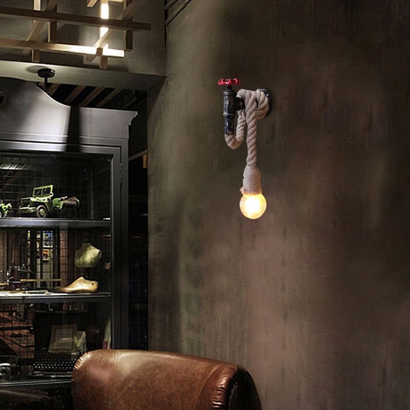 1 leichte verstellbare Seilwandlampe mit offener Glühbirne und Wasserhahn Bauernhaus antike Bronze -Eisenwand -Halterung Licht