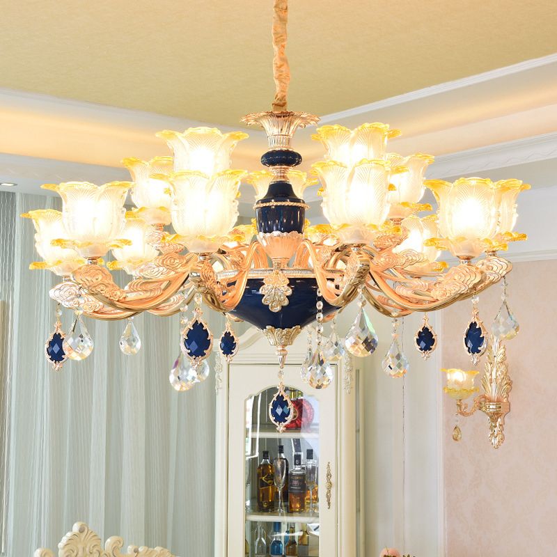 Carved Glass Floral Suspension Light Retro Style Living Room Chandelier Light with Crystal Accent