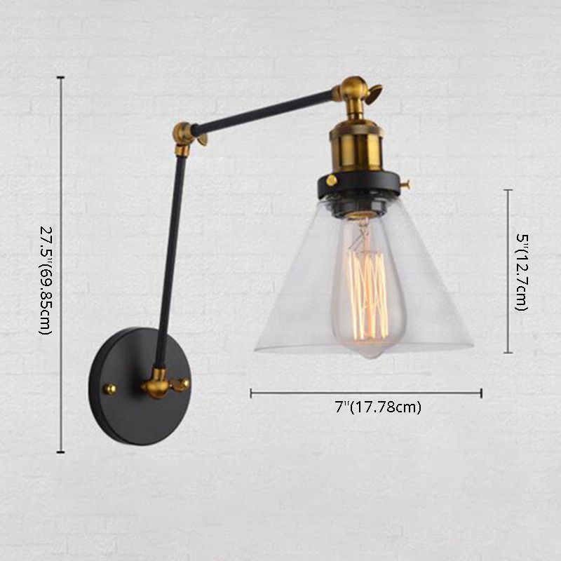 Swing Arm Wall Lamp Industrial Style Indoor Sconce Light with Conical Glass Shade