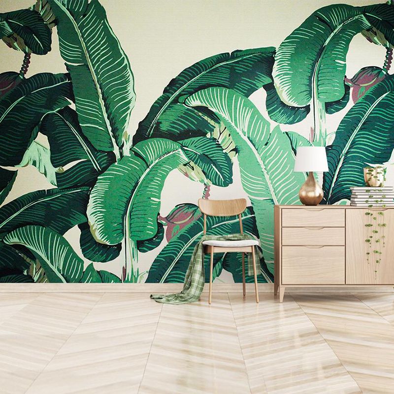 Illustration Style Banana Leaves Mural Extra Large Wall Art for Thai Restaurant, Made to Measure