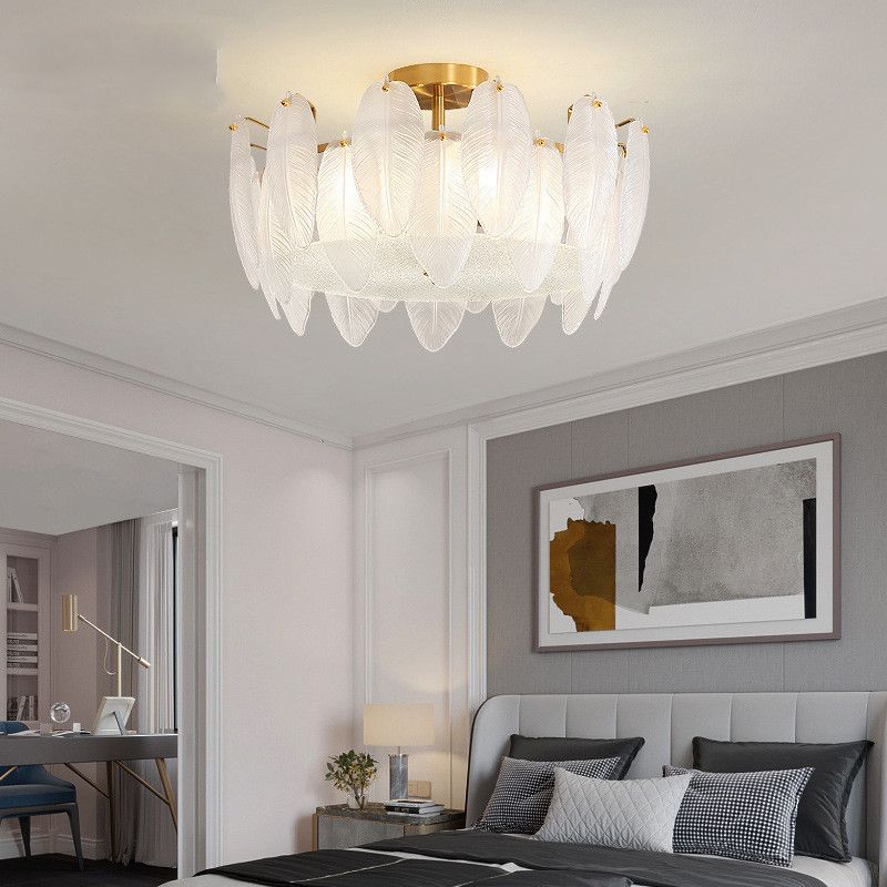 Nordic Ceiling Light Feather-shaped Glass Shade Flush Mount Light Fixture