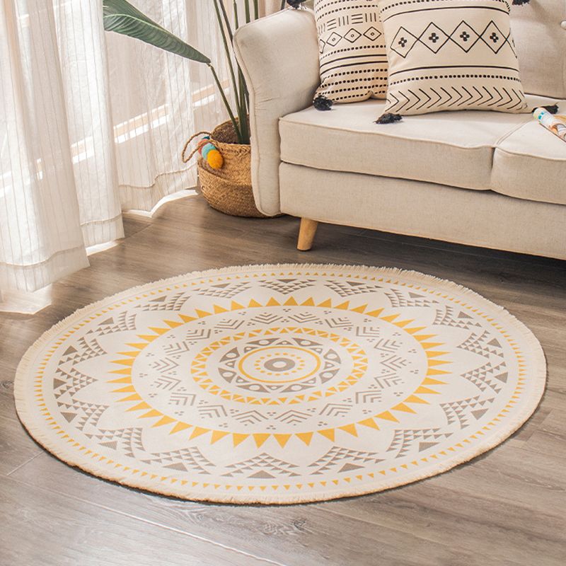 Rapis simple Rapis tribal Tribal Tapis rond Mélange de coton lavable avec frange