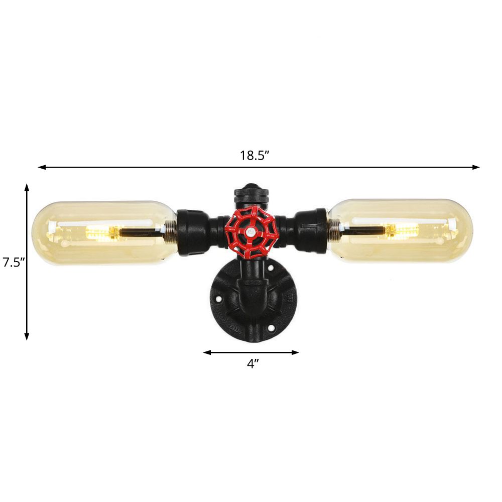 1/2 Bulb Wall Light Capsule Amber Glass Industrial Dining Room Sconce Lighting Fixture in Black with Pipe Design
