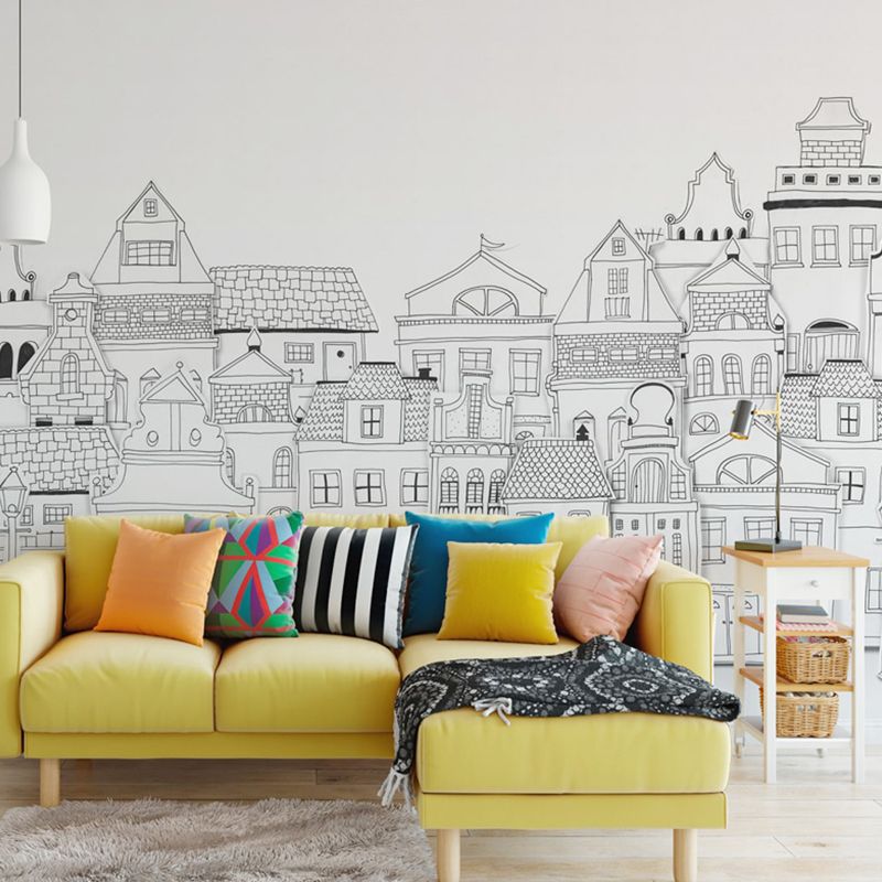 Whole City Scene Wall Mural for Meeting Room Decor Buildings Wall Art in Black and White, Water-Resistant