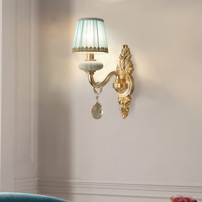 Barrel Bedroom Wall Light Sconce Traditional Fabric 1/2 Heads Pink/Blue Wall Lighting Fixture with Crystal Accent