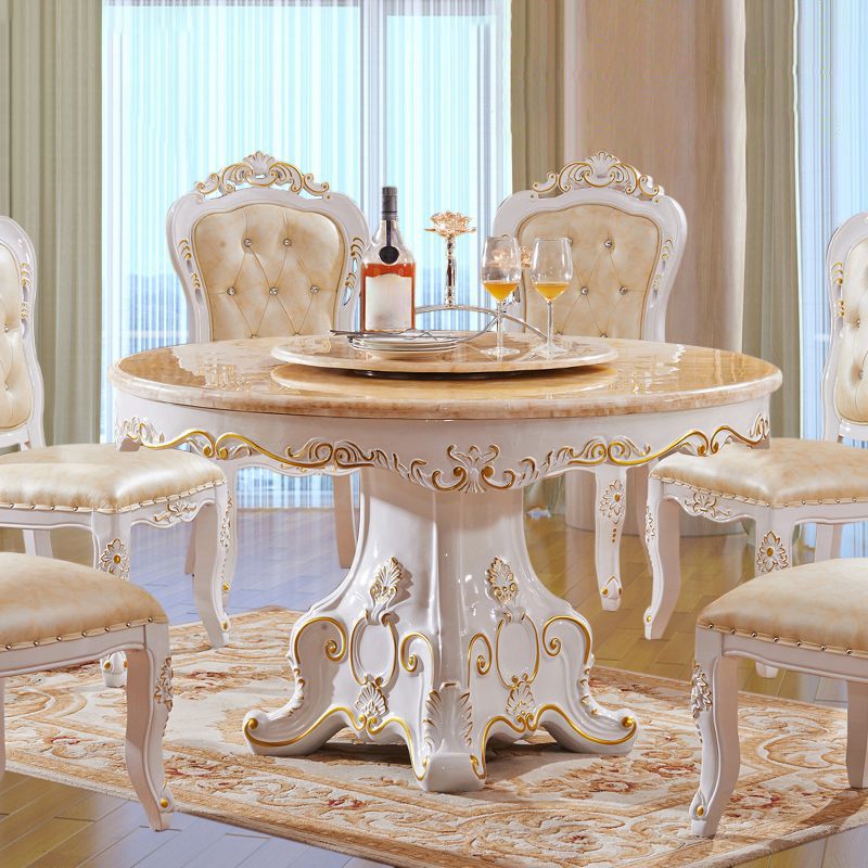 Round Marble Dining Site Table Pedestal Base Dining Room Collection with Turntable