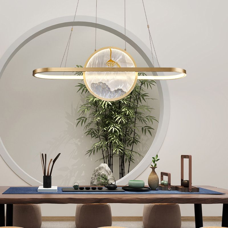Chinese Style Gold Round Linear Island Pendant Lighting LED Metal Island Ceiling Light for Living Room
