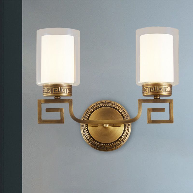2 Bulbs Wall Sconce Light Traditional Dual Cylinder Clear and White Glass Wall Mount Lighting in Brass