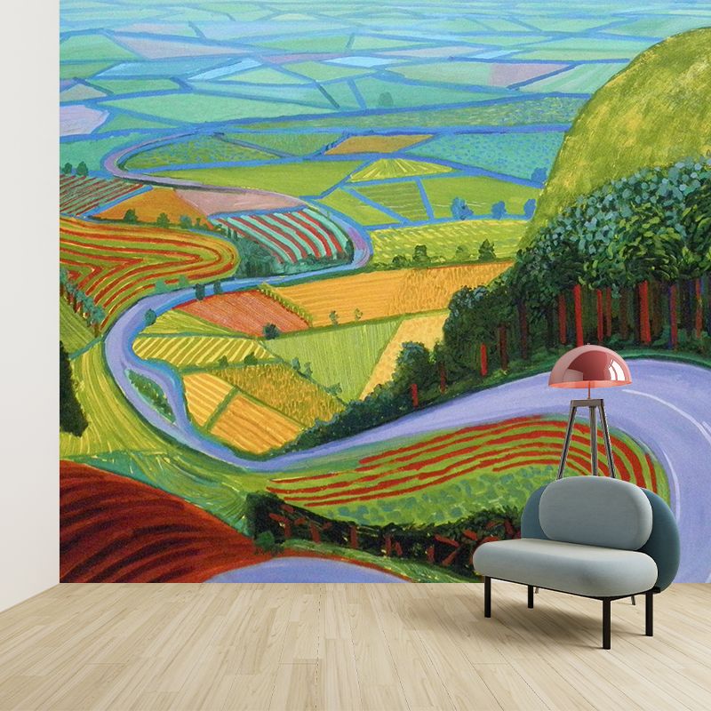Steep Road to Farm Murals Artistic Washable Bedroom Wall Decor in Yellow-Green, Custom Made