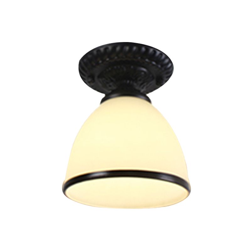 1 Light White Glass Flush Light Fixture Traditional Black Cone Corridor Ceiling Lighting