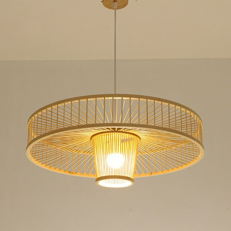 Asian Style Bamboo Weaving Suspension Light Single Bulb Creative Hanging Lighting Fixture in Beige