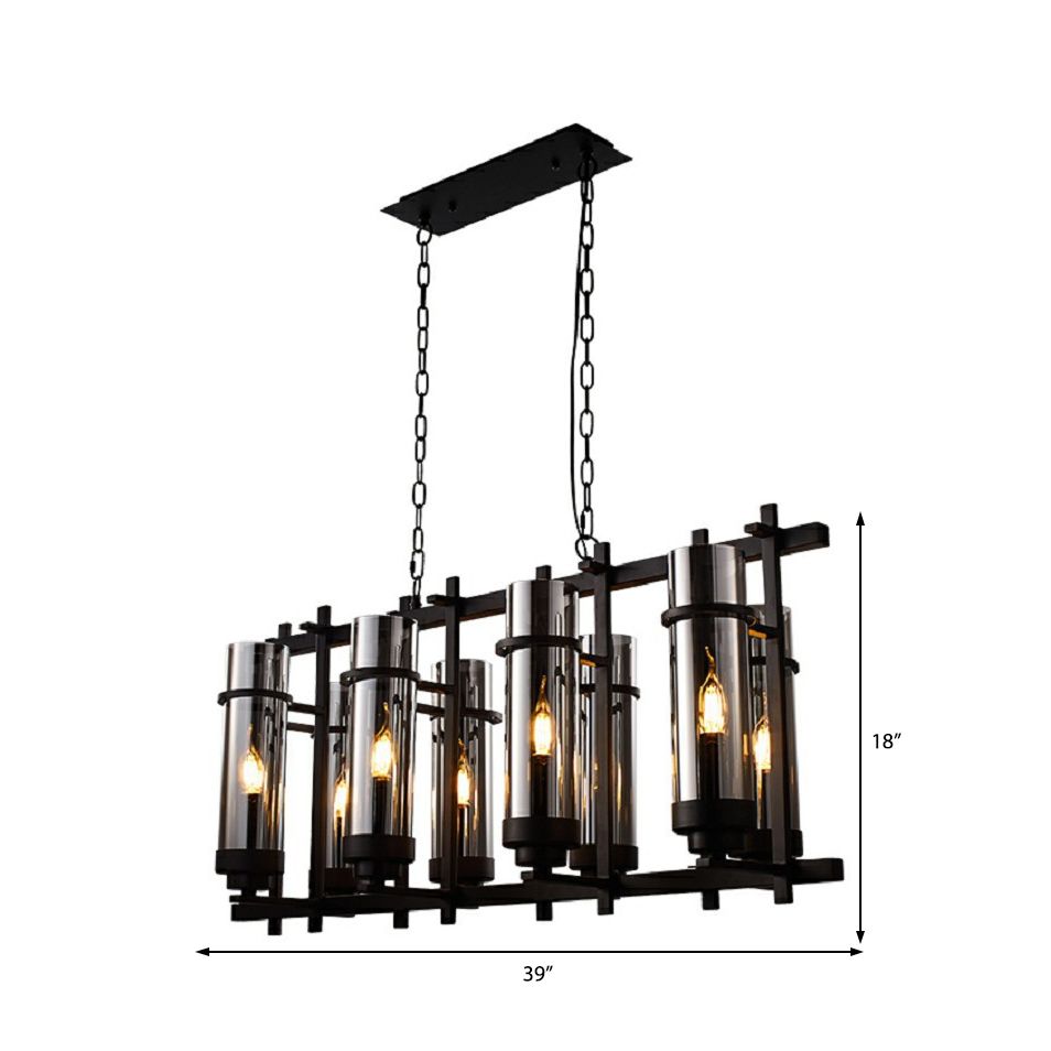 Cylindre de pendentif noir en verre fumé à 8 luminaires de lustre industriel à la lumière