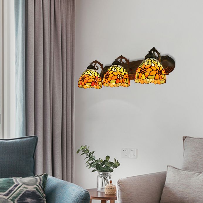 3 Heads Orange Vanity Lighting with Yellow Flower/Sunflower Pattern Lodge Tiffany Stained Glass Wall Lighting for Bathroom