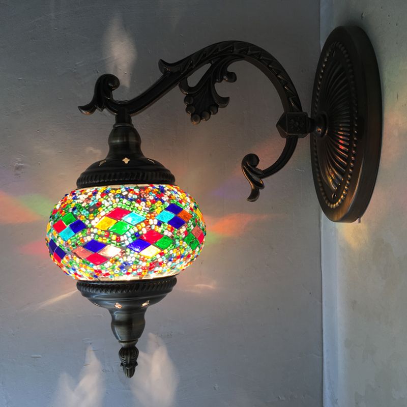 Curved Arm Sconce Light Traditionary Metal 1 Head Bronze Wall Mounted Lamp with Ball Yellow/Green Glass Shade for Balcony