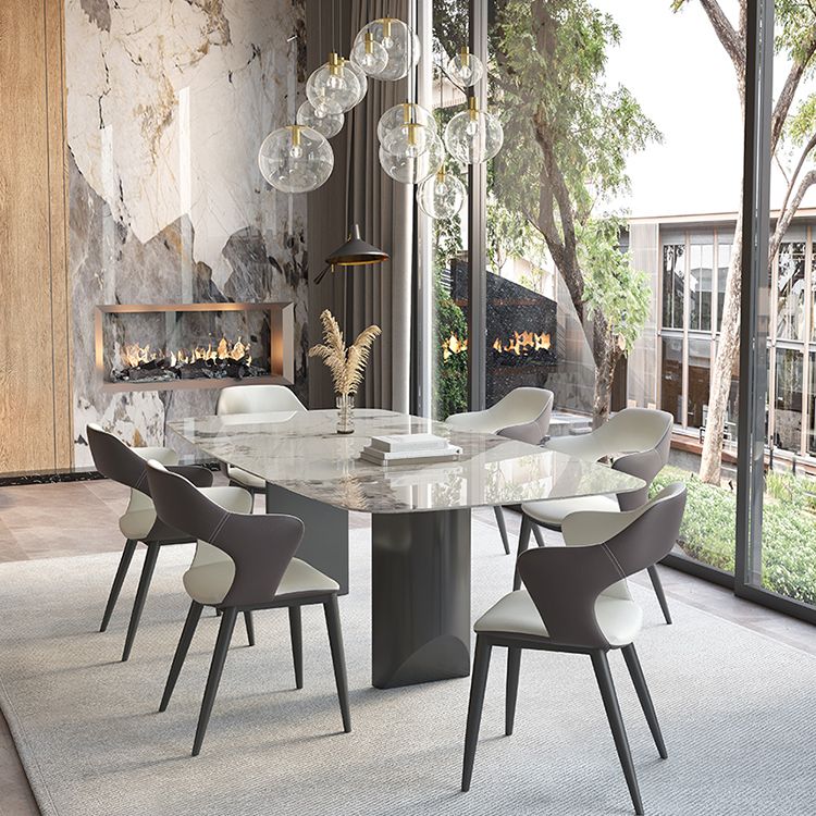 Mesa de comedor contemporánea rectángulo mesa de piedra sinterizada blanca con base de metal negro
