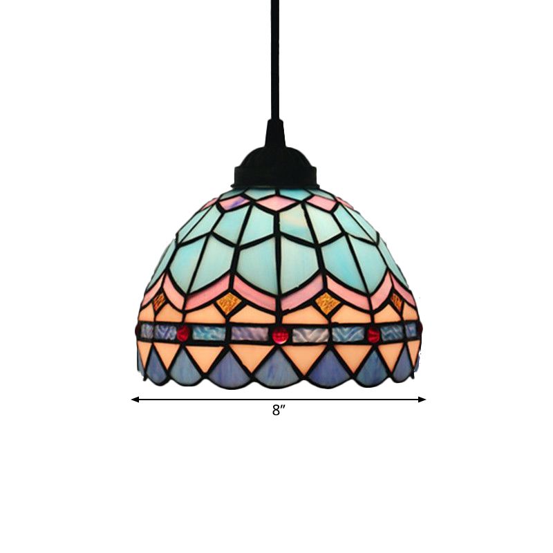 Lattice Bowl Pendulum Light Tiffany Stained Glass 1-Light Blue Suspension Lamp for Dining Room