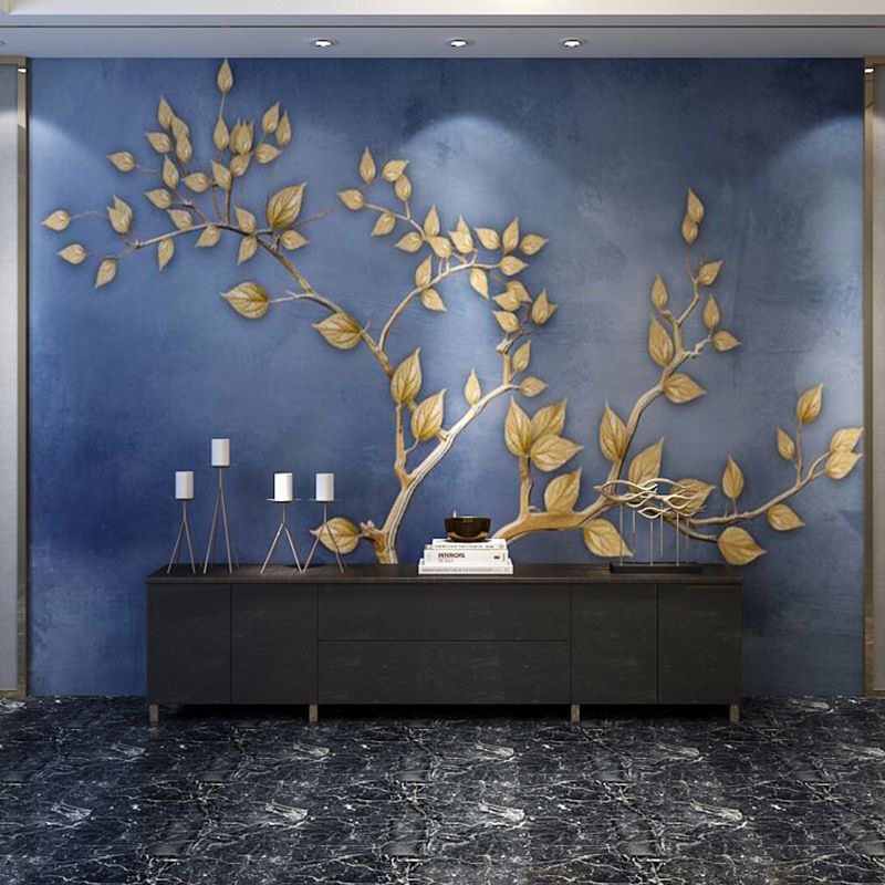 Giant Leaf and Cloud Mural Contemporary Novelty 3D Effect Wall Decor in Blue and Gold
