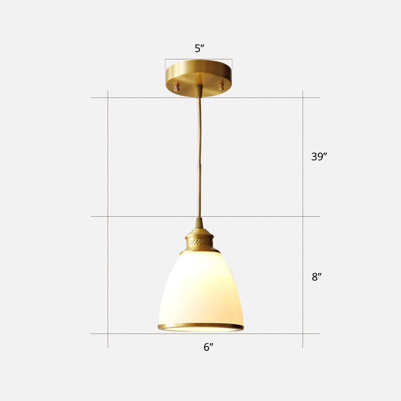Bell Shade Dining Room Hanging Light Simple Style Opal Glass 1-Light Brass Pendant Lamp