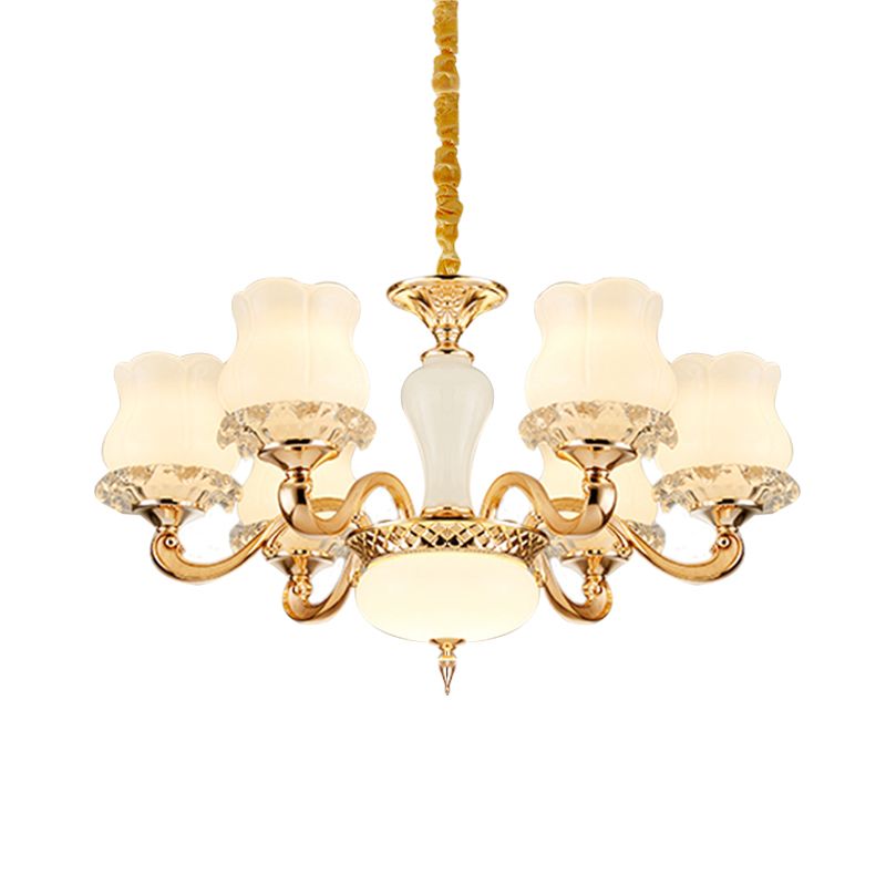 Lámpara de suspensión de flores vintage 6/8 luces luminosos de lámpara de vidrio lechoso con brazo en oro para dormitorio