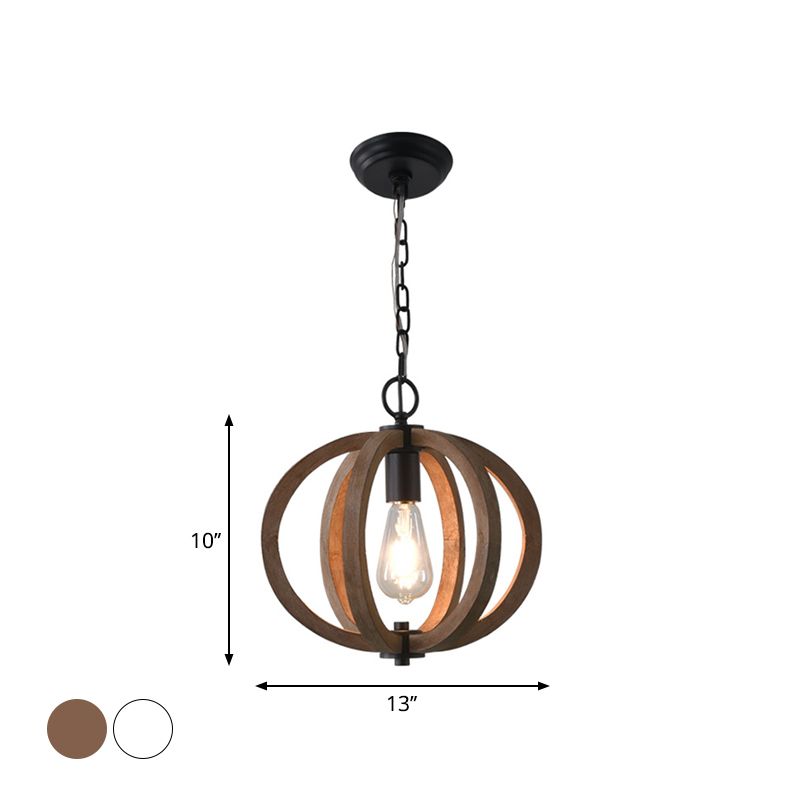 Wood Geometrical Cage Suspension Lamp Traditional 1 Head Living Room Drop Pendant