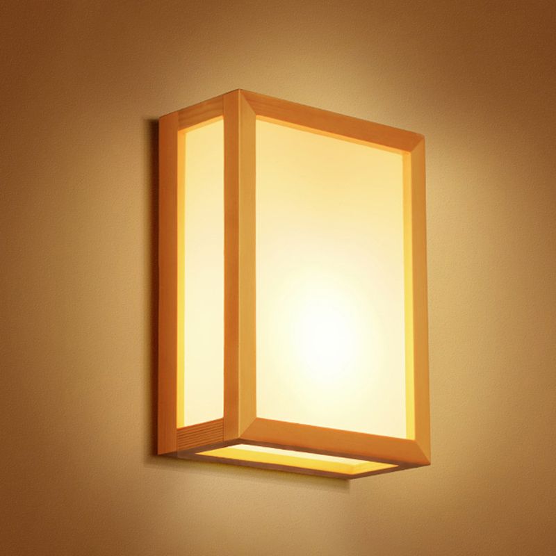 Rectangular Wall Sconce Light Minimalist White Glass 2 Heads Corridor Wall Mount Light with Wooden Frame