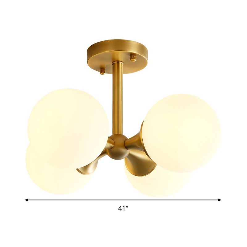 Gold Ball Semi Flush Light Contemporary 4 Heads Milky Glass Close to Ceiling Lamp