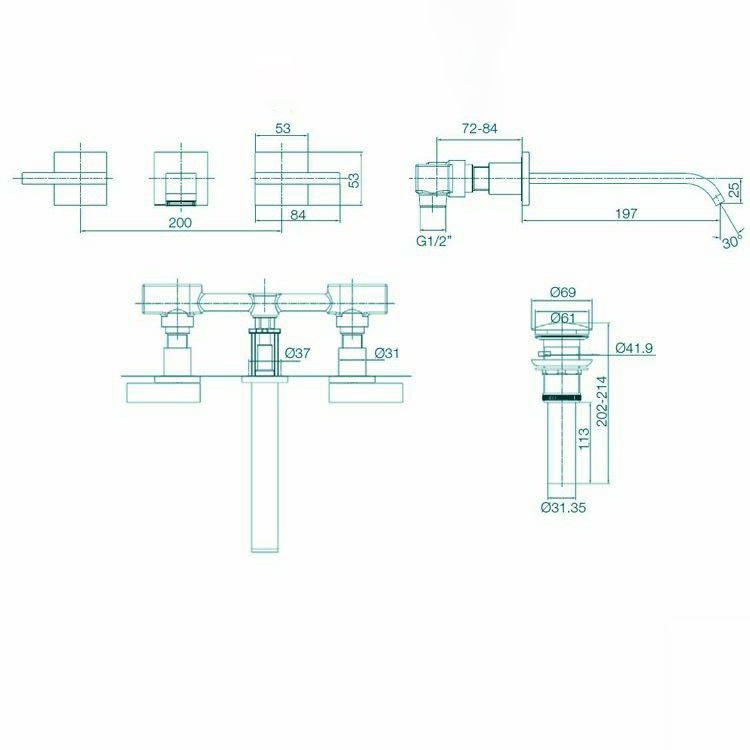Glam Wall Mounted Bathroom Faucet 2 Handles Low Arc Solid Brass Faucet