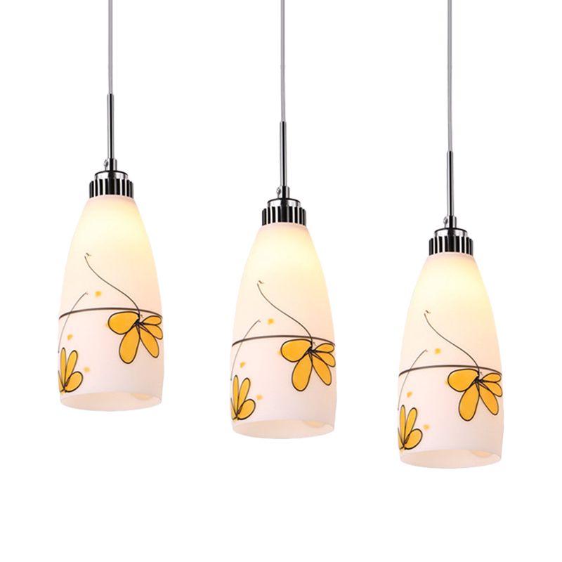 3-Bulb Cone Multiple Hanging Lamp Minimalism Black/Yellow/Blue Printing Glass Pendulum Lamp with Linear/Round Canopy