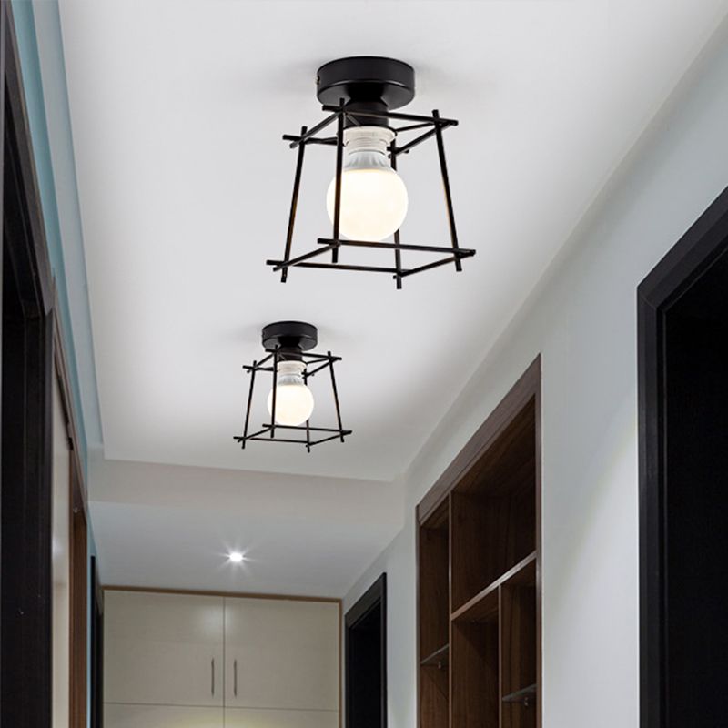 Cubic Metal Semi-Flush Ceiling Fixture with Wire Guard Industrial 1 Head Bedroom Rotatable Semi Flush Mount Lighting in Black/White