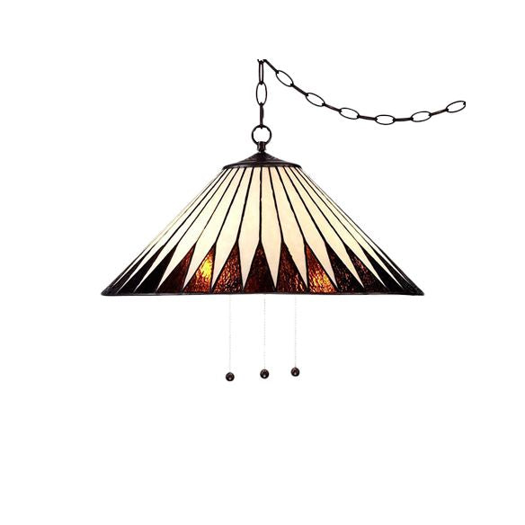 Tiffany Cone Hanging Lamp White/Brown Stained Art Glass 1 Bulb Ceiling Pendant Light for Dining Room