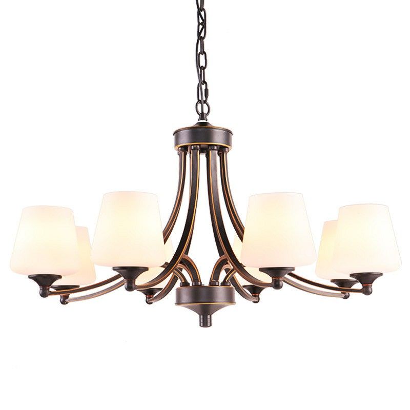Tapered Shade White Frost Glass Suspension Light Rustic Living Room Chandelier Light