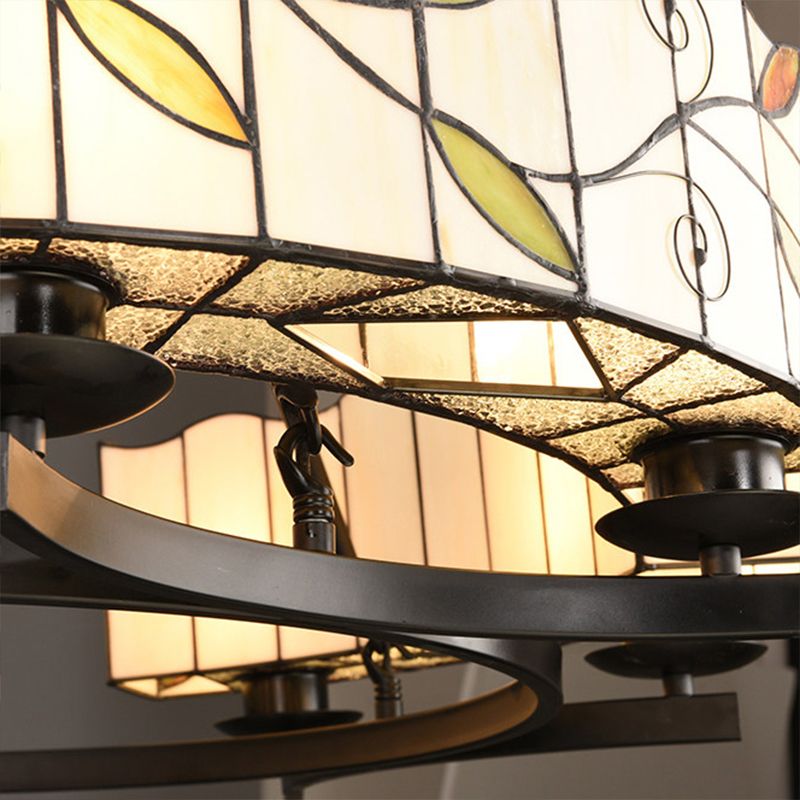 2 Tiers Leaf Suspension Light with Metal Chain Stained Glass Traditional Chandelier in Black Finish