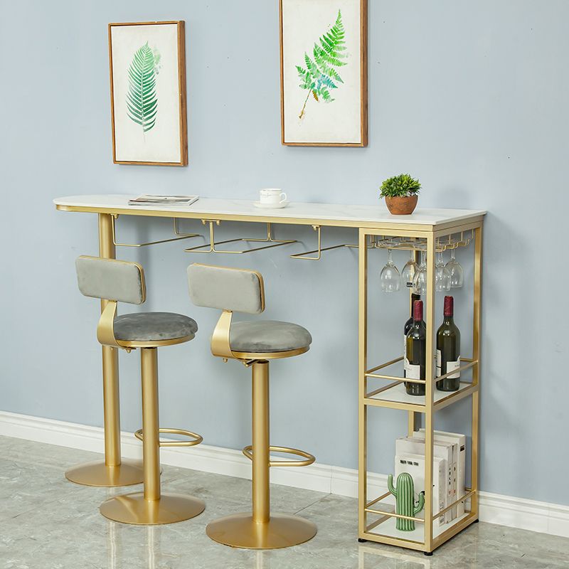 White Stone Glam Indoor Bar Dining Table Gold Double Pedestal Bistro Table with Shelve