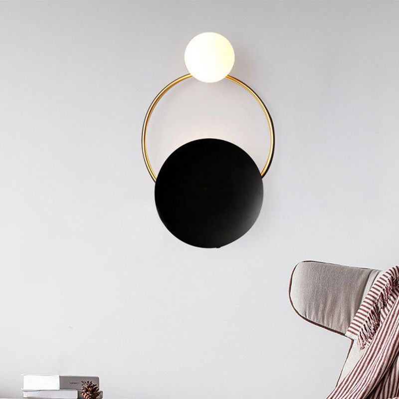 2-Bulb Opaline Glass Wall Light Vintage Style Black Globe Bedroom Wall Sconce with Round Backplate