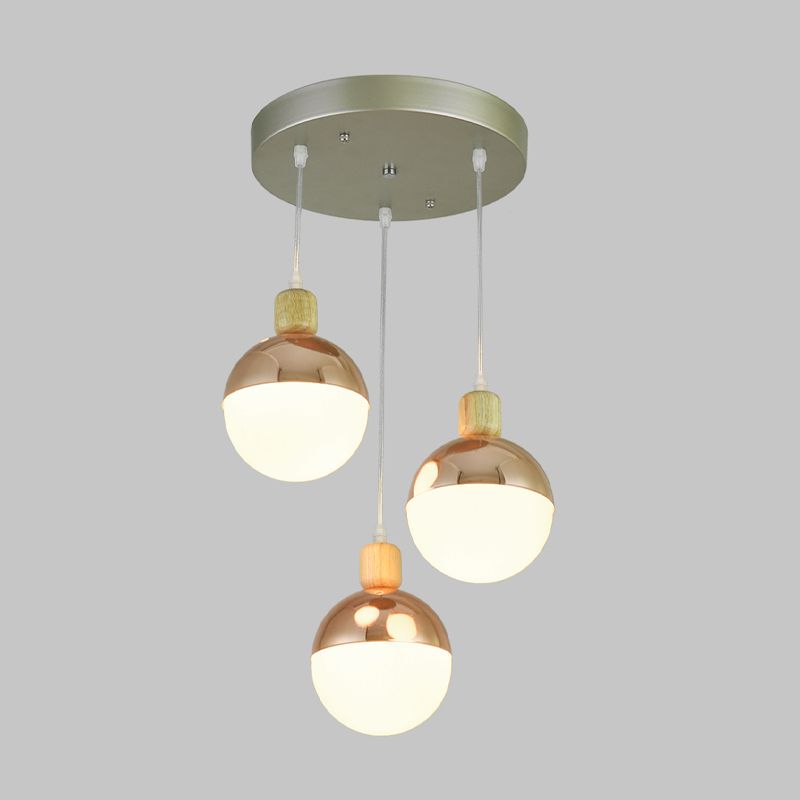 3/4 Heads Dining Room Multi-Pendant Modernist Rose Gold Hanging Ceiling Light with Orb Opal Glass Shade