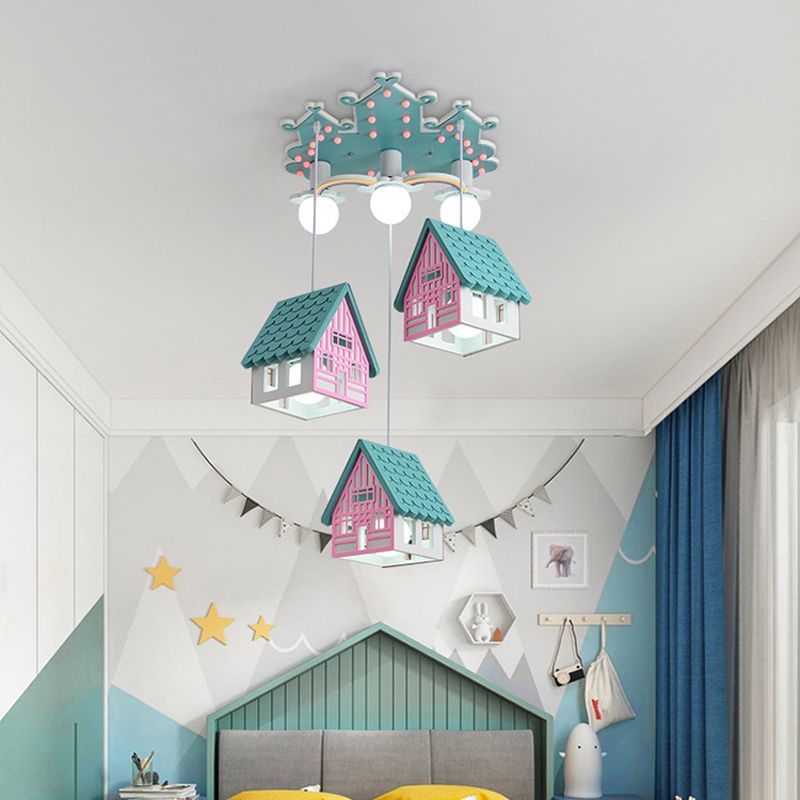 House Shaped Nursery Ceiling Lamp Wood 6 Bulbs Creative Chandelier Pendant Lighting