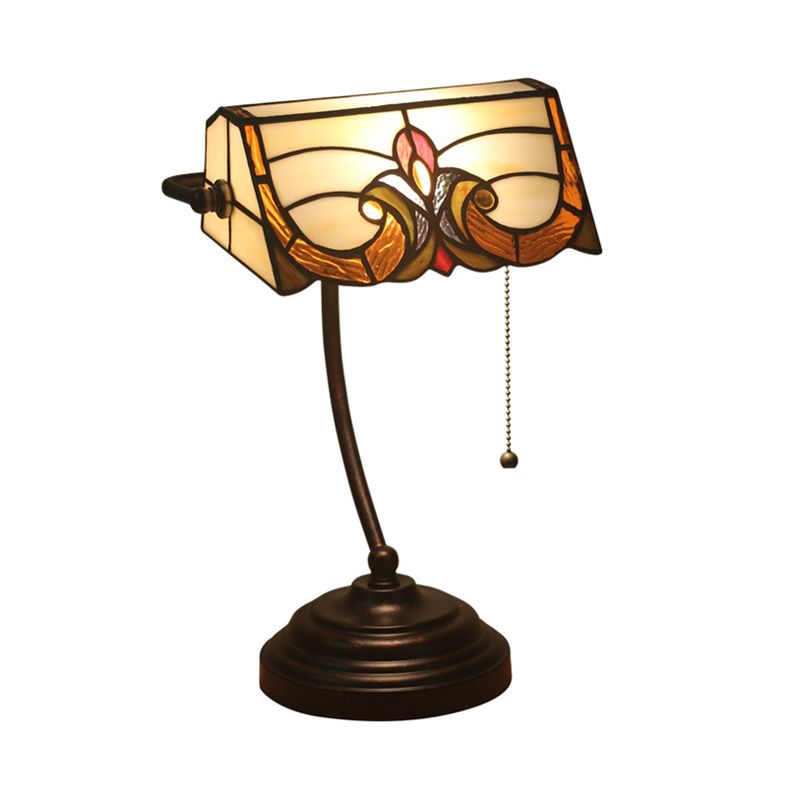 Bronze Rollover Shade Night Lamp Victorian 1 Light Stained Art Glass Table Light with Pull Chain
