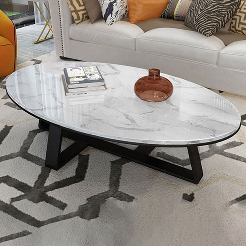 Oval Marble Top Coffee Table with Iron Cross Base Cocktail Table in White
