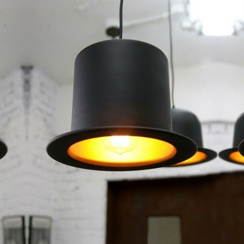 Black Gentleman Hat Shaped Hanging Lamp Loft 1 Bulb Metal Ceiling Light for Dining Room
