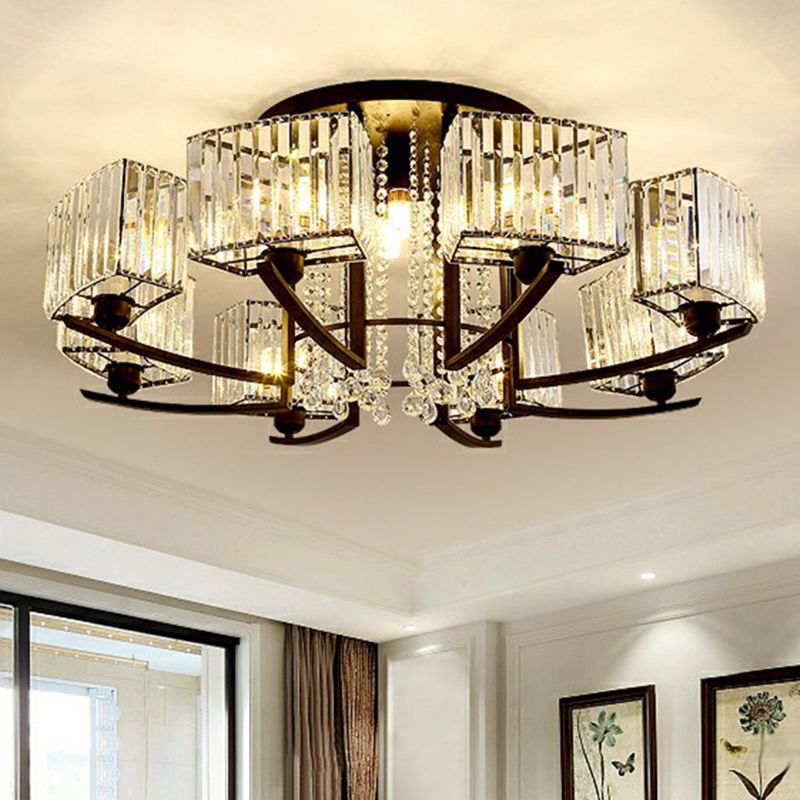 Rectangle Bedroom Semi Flush Ceiling Light Crystal Contemporary Flush Mount Lamp in Black