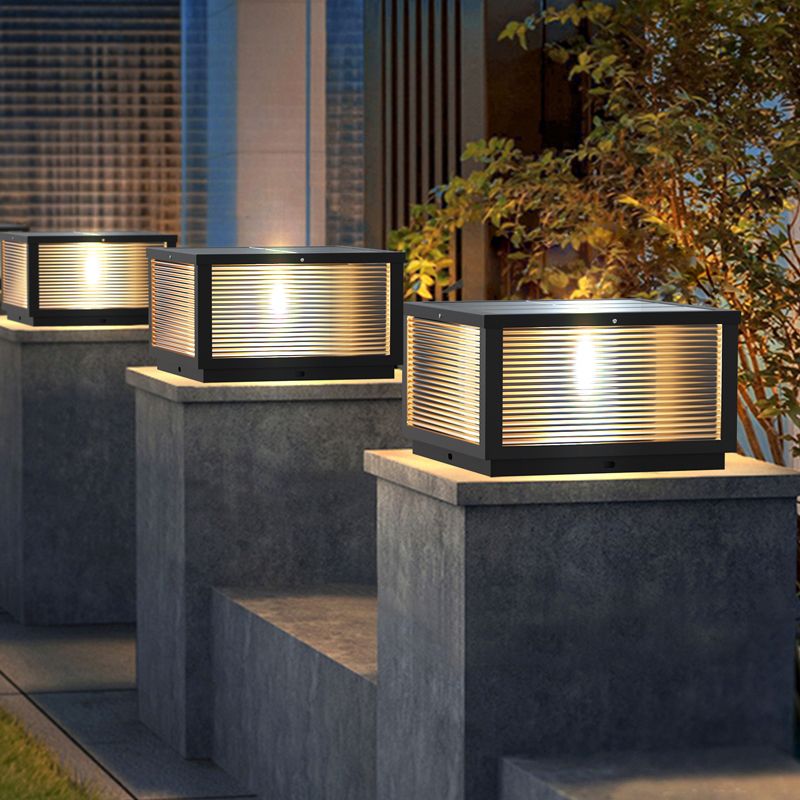 Geometric Shape Metal Solar Pillar Lamp Modern Style 1 Light Outdoor Lights in Black