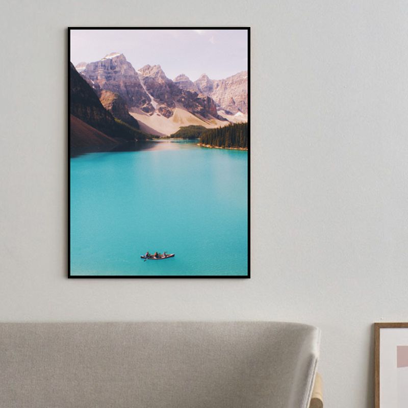 Mountain Lake Nature Scenery Art Print Textured Modern House Interior Wall Decor in Blue