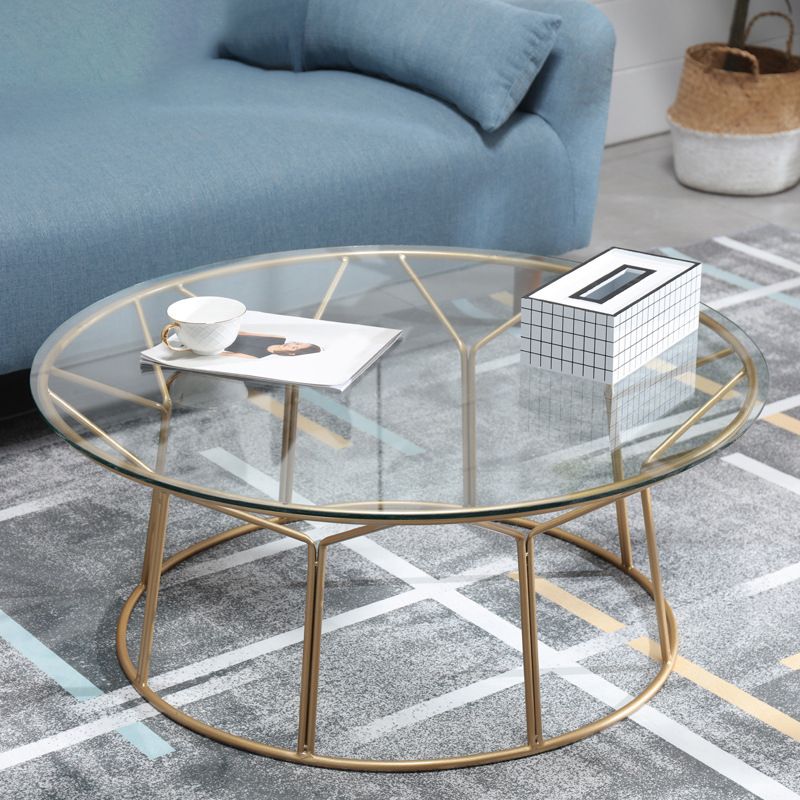 Contemporary Coffee Table with Round Glass Top and Iron Base