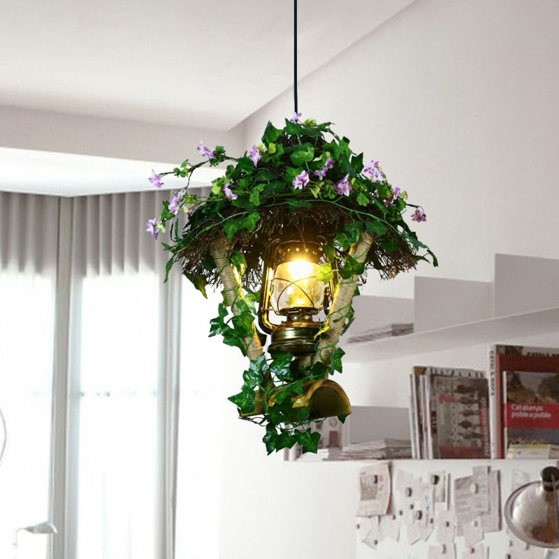 1 Glühbirne Bambus Anhänger Leuchte Leuchte Industrielle grüne Zylinder/Kerosinlampe Restaurant LED -Pflanze Hängelampe